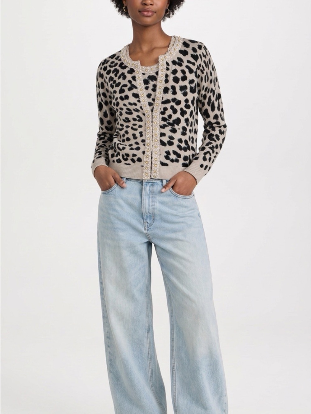 Leopard Print Crewneck Cardigan in Beige and Black